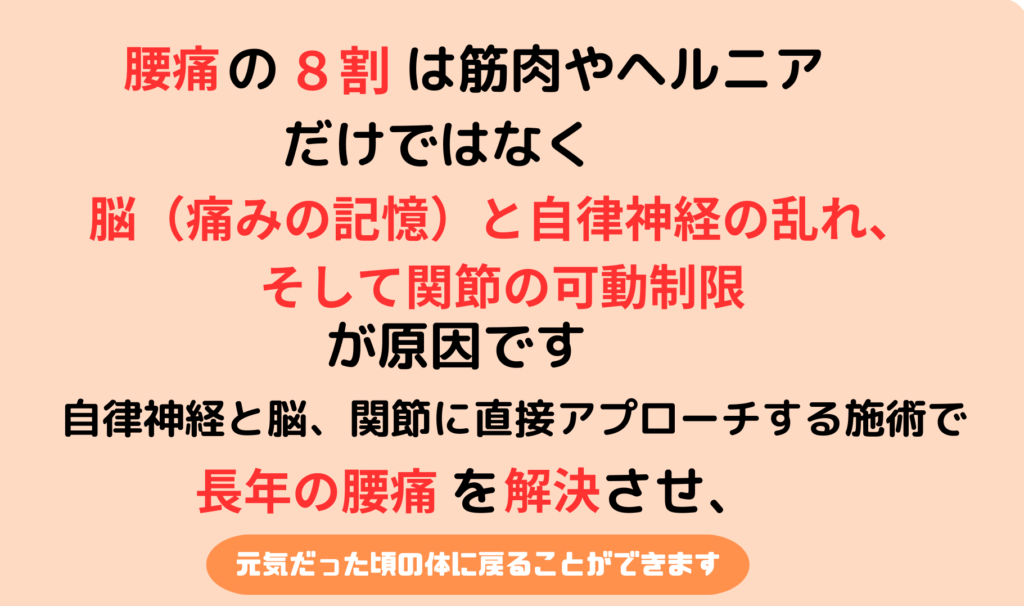 腰痛の８割は筋肉やヘルニアだけではなく脳（痛みの記憶）と自律神経の乱れ、そして関節の可動制限が原因です。自律神経と脳、関節に直接アプローチすることで長年の腰痛を解決させ、元気だった頃の体に戻ることができます。